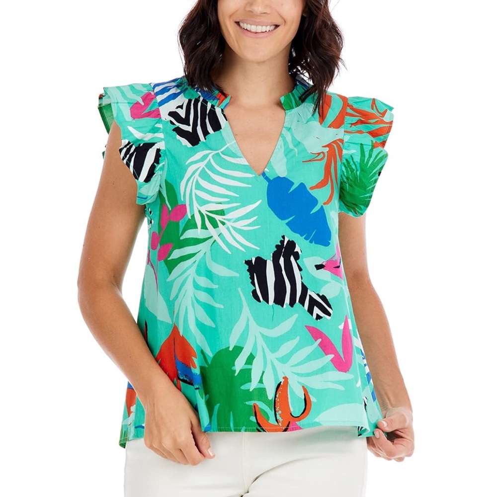 Mud Pie Becky Green Graphic Ruffled Cap Sleeve Blouse